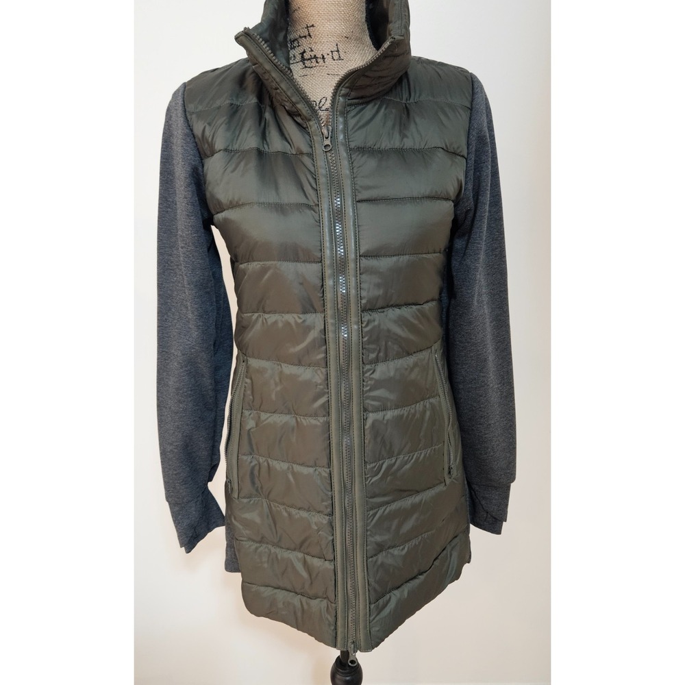 Mondetta Womens Mixed Media Puffer Jacket Olive Green Gray Thumbholes Small